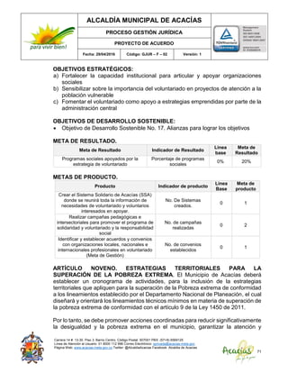ALCALDÍA MUNICIPAL DE ACACÍAS
PROCESO GESTIÓN JURÍDICA
PROYECTO DE ACUERDO
Fecha: 29/04/2016 Código: GJUR – F – 02 Versión: 1
Carrera 14 #. 13-30. Piso 3. Barrio Centro. Código Postal: 507001 PBX: (57+8) 6569125
Línea de Atención al Usuario: 01 8000 112 996 Correo Electrónico: sprivada@acacias-meta.gov.
Página Web: www.acacias-meta.gov.co Twitter: @AlcaldiaAcacias Facebook: Alcaldia de Acacias
71
OBJETIVOS ESTRATÉGICOS:
a) Fortalecer la capacidad institucional para articular y apoyar organizaciones
sociales
b) Sensibilizar sobre la importancia del voluntariado en proyectos de atención a la
población vulnerable
c) Fomentar el voluntariado como apoyo a estrategias emprendidas por parte de la
administración central
OBJETIVOS DE DESARROLLO SOSTENIBLE:
 Objetivo de Desarrollo Sostenible No. 17. Alianzas para lograr los objetivos
META DE RESULTADO.
Meta de Resultado Indicador de Resultado
Línea
base
Meta de
Resultado
Programas sociales apoyados por la
estrategia de voluntariado
Porcentaje de programas
sociales
0% 20%
METAS DE PRODUCTO.
Producto Indicador de producto
Línea
Base
Meta de
producto
Crear el Sistema Solidario de Acacías (SSA)
donde se reunirá toda la información de
necesidades de voluntariado y voluntarios
interesados en apoyar.
No. De Sistemas
creados.
0 1
Realizar campañas pedagógicas e
intersectoriales para promover el programa de
solidaridad y voluntariado y la responsabilidad
social
No. de campañas
realizadas
0 2
Identificar y establecer acuerdos y convenios
con organizaciones locales, nacionales e
internacionales profesionales en voluntariado
(Meta de Gestión)
No. de convenios
establecidos
0 1
ARTÍCULO NOVENO. ESTRATEGIAS TERRITORIALES PARA LA
SUPERACIÓN DE LA POBREZA EXTREMA. El Municipio de Acacías deberá
establecer un cronograma de actividades, para la inclusión de la estrategias
territoriales que apliquen para la superación de la Pobreza extrema de conformidad
a los lineamientos establecido por el Departamento Nacional de Planeación, el cual
diseñará y orientará los lineamientos técnicos mínimos en materia de superación de
la pobreza extrema de conformidad con el artículo 9 de la Ley 1450 de 2011.
Por lo tanto, se debe promover acciones coordinadas para reducir significativamente
la desigualdad y la pobreza extrema en el municipio, garantizar la atención y
 