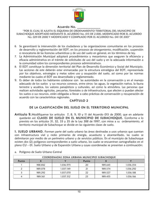 Acuerdo No. ______________
     “POR EL CUAL SE AJUSTA EL ESQUEMA DE ORDENAMIENTO TERRITORIAL DEL MUNICIPIO DE
 SUBACHOQUE ADOPTADO MEDIANTE EL ACUERDO No. 015 DE 2.000, MODIFICADO POR EL ACUERDO
        No. 029 DE 2000 Y MODIFICADO Y COMPILADO POR EL ACUERDO No. 041 DE 2001”


6. Se garantizará la intervención de los ciudadanos y las organizaciones comunitarias en los procesos
   de desarrollo y reglamentación del EOT, en los procesos de otorgamiento, modificación, suspensión
   o revocatoria de las licencias urbanísticas y de uso del suelo en general, en los términos de ley.
7. La Administración Municipal adoptará procedimientos y mecanismos que aseguren la eficiencia y
   eficacia administrativa en el trámite de solicitudes de uso del suelo y en la adecuada información a
   la comunidad sobre los correspondientes procesos administrativos.
8. El EOT constituye la dimensión territorial del Plan de Desarrollo Económico y Social del Municipio.
   Las acciones de este deberán estar enmarcadas por la estructura estratégica del EOT, representada
   por los objetivos, estrategias y metas sobre uso y ocupación del suelo, así como por las normas
   mediante las cuales el EOT sea desarrollado y reglamentado.
9. Es deber de todos los habitantes colaborar con las autoridades en la conservación y en el manejo
   adecuado de los suelos y sus recursos conexos, entre otros: las aguas, la vegetación nativa, la fauna
   terrestre y acuática, los valores paisajísticos y culturales, así como la atmósfera. Las personas que
   realicen actividades agrícolas, pecuarias, forestales o de infraestructura, que afecten o puedan afectar
   los suelos o sus recursos, están obligadas a llevar a cabo prácticas de conservación y recuperación de
   acuerdo con las características regionales.
                                              CAPÍTULO 2

            DE LA CLASIFICACIÓN DEL SUELO EN EL TERRITORIO MUNICIPAL

Artículo 9. Modifíquense los artículos 7, 8, 9, 10 y 11 del Acuerdo 015 de 2000, que en adelante
   quedarán así: CLASES DE SUELO EN EL MUNICIPIO DE SUBACHOQUE. Conforme a lo
   previsto en los artículos 31, 32, 33 y 35 de la Ley 388 de 1997, con miras a su ordenamiento, el
   territorio municipal de Subachoque se divide en las siguientes clases de suelo.

1. SUELO URBANO. Forman parte del suelo urbano las áreas destinadas a usos urbanos que cuentan
con infraestructura vial y redes primarias de energía, acueducto y alcantarillado, las cuales se
delimitaron por medio de un perímetro urbano y de servicios públicos. En el municipio de Subachoque
existen dos (2) polígonos correspondientes a suelo urbano, los cuales se encuentran cartografiados en el
plano CU – 01. Suelo Urbano y de Expansión Urbana y cuyas coordenadas se presentan a continuación:

a. Polígono de Suelo Urbano Central
                         COORDENADAS ZONA URBANA MUNICIPIO SUBACHOQUE
  Punto              X                   Y               Punto             X                   Y
     1            988.842            1.036.975            20            989.645             1.036.354
     2            989.078             1.037.149            21           989.574             1.036.292
     3            989.292            1.037.070            22            989.527             1.036.188
     4            989.561             1.037.312           23            989.455             1.036.166




                                                    10
 