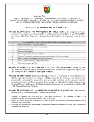 Acuerdo No. ______________
     “POR EL CUAL SE AJUSTA EL ESQUEMA DE ORDENAMIENTO TERRITORIAL DEL MUNICIPIO DE
 SUBACHOQUE ADOPTADO MEDIANTE EL ACUERDO No. 015 DE 2.000, MODIFICADO POR EL ACUERDO
        No. 029 DE 2000 Y MODIFICADO Y COMPILADO POR EL ACUERDO No. 041 DE 2001”


                        CATEGORÍAS DE PROTECCIÓN EN SUELO RURAL.

Artículo 10. CATEGORÍAS DE PROTECCIÓN EN SUELO RURAL. Las categorías del suelo
   rural que se constituyen suelo de protección en los términos del artículo 35 de la Ley 388 de 1997 y
   son normas urbanísticas de carácter estructural de conformidad con lo establecido 15 de la misma
   ley.

                    CATEGORÍAS DE PROTECCIÓN EN SUELO RURAL. (Decreto 3600 de 2008)
     1      Áreas de conservación y protección ambiental.
    1.1     Las áreas del sistema nacional de áreas protegidas.
    1.2     Áreas de reserva forestal.
    1.3     Áreas de manejo especial.
    1.4     Áreas de especial importancia eco sistémica.
    2       Áreas para la producción agrícola y ganadera y de explotación de recursos naturales.
    3       Áreas e inmuebles considerados como patrimonio cultural.
    4       Áreas del sistema de servicios públicos domiciliarios.
    5       Áreas de amenaza y riesgo Alto.


Artículo 11. ÁREAS DE CONSERVACIÓN Y PROTECCIÓN AMBIENTAL. Incluye las áreas
   que deben ser objeto de especial protección ambiental de acuerdo con la legislación vigente y las
   que hacen parte de la Estructura Ecológica Principal.

Artículo 12. DEFINICIÓN. La Estructura Ecológica Principal es el conjunto de elementos bióticos y
   abióticos que dan sustento a los procesos ecológicos esenciales del territorio, cuya finalidad es la
   preservación, conservación, restauración, uso y manejo sostenible de los recursos naturales
   renovables, los cuales brindan la capacidad de soporte para el adecuado desarrollo socioeconómico
   de las poblaciones. La Estructura Ecológica Principal es la que aparece cartografiada en el plano CG
   – 03. Estructura Ecológica Principal.

Artículo 13. OBJETIVOS DE LA ESTRUCTURA ECOLÓGICA PRINCIPAL. Son objetivos
   específicos de la Estructura Ecológica Principal, los siguientes

1. Sostener y conducir procesos ecológicos esenciales, garantizando la conexión biológica y la
   disponibilidad de servicios ambientales en todo el territorio.
2. Elevar la calidad ambiental y balancear su oferta a través del territorio en correspondencia con la
   demanda de la población.
3. Restaurar y/o preservar los ecosistemas que brindan beneficios ambientales vitales para el desarrollo
   sostenible del Municipio.



                                                             13
 