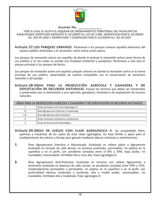 Acuerdo No. ______________
     “POR EL CUAL SE AJUSTA EL ESQUEMA DE ORDENAMIENTO TERRITORIAL DEL MUNICIPIO DE
 SUBACHOQUE ADOPTADO MEDIANTE EL ACUERDO No. 015 DE 2.000, MODIFICADO POR EL ACUERDO
        No. 029 DE 2000 Y MODIFICADO Y COMPILADO POR EL ACUERDO No. 041 DE 2001”


Artículo 27. LOS PARQUES URBANOS. Pertenecen a los parques urbanos aquellos elementos del
     espacio público destinados a la recreación, tanto activa como pasiva.

Los parques de recreación pasiva son aquellos de donde se excluye la recreación activa como forma de
uso público y en los cuales se cumple una finalidad ambiental y paisajística. Pertenecen a este tipo el
parque principal y los parques de barrio.

Los parques de recreación activa son aquellos parques urbanos en donde la recreación activa es la forma
principal de uso público, desarrollada de manera compatible con la conservación de elementos
naturales y del paisaje.

Artículo 28. ÁREAS        PARA LA PRODUCCIÓN AGRÍCOLA Y GANADERA Y DE
     EXPLOTACIÓN DE RECURSOS NATURALES . Incluye los terrenos que deban ser mantenidos
     y preservados por su destinación a usos agrícolas, ganaderos, forestales o de explotación de recursos
     naturales.

 ÁREAS PARA LA PRODUCCIÓN AGRÍCOLA Y GANADERA Y DE EXPLOTACIÓN DE RECURSOS NATURALES.
         1           Áreas de Suelos con Clase Agrologica II
        1.1          Área Agropecuaria Intensiva o mecanizada
        1.2          Área Agropecuaria Semi-intensiva
         2           Áreas forestales protectoras productoras
         3           Áreas de Restauración Morfológica


Artículo 29. ÁREAS DE SUELOS CON CLASE AGROLOGICA II. Las propiedades físico,
     químicas y mecánicas de los suelos de estas clases agrologicas, los hace fértiles y aptos para el
     establecimiento de cultivos y forraje para ganado mediante labores intensivas y semiintensivas.

1.            Área Agropecuaria Intensiva o Mecanizada: localizada en relieve plano a ligeramente
              ondulado en terrazas de valle aluvial, en terrenos profundos, permeables, sin piedras en la
              superficie y en el perfil, con pendiente compleja entre el 0% y 10%, baja acidez, no
              inundables, mecanizables, fertilidad alta a muy alta. Clase agrológica II.

2.            Área Agropecuaria Semi-Intensiva: localizada en terrenos con relieve ligeramente a
              levemente ondulado en abanicos de valle aluvial, en pendiente compleja entre 10% y 15%,
              moderadamente permeables a permeables, sin piedras en la superficie o en el perfil, con
              profundidad efectiva moderada a profunda, alta a media acidez, mecanizables, no
              inundables, fertilidad alta a moderada. Clase agrologica II.




                                                                18
 