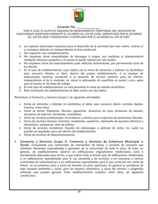 Acuerdo No. ______________
     “POR EL CUAL SE AJUSTA EL ESQUEMA DE ORDENAMIENTO TERRITORIAL DEL MUNICIPIO DE
 SUBACHOQUE ADOPTADO MEDIANTE EL ACUERDO No. 015 DE 2.000, MODIFICADO POR EL ACUERDO
        No. 029 DE 2000 Y MODIFICADO Y COMPILADO POR EL ACUERDO No. 041 DE 2001”


     b. Los espacios adicionales necesarios para el desarrollo de la actividad (por ejm: baños, cocinas y/
        o cocinetas) deberán ser independientes al área residencial.
     c. No requieren usos complementarios.
     d. No requieren zonas especializadas de descargue o cargue, por realizarse el abastecimiento
        mediante vehículos pequeños y el acceso se puede realizar por vías locales.
     e. No requieren zonas de estacionamiento para vehículos automotores, por permanencia corta de
        los clientes.
     f. En el caso de establecimientos cuyo objeto sea la venta de alimentos y bebidas no alcohólicas
        para consumo directo, es decir, dentro del propio establecimiento, sí se requiere de
        adecuaciones locativas tendientes a la dotación de servicio sanitario para los clientes,
        independiente al de la vivienda, así como la adecuación de superficies en pared y piso, aptas
        para el lavado en las áreas de trabajo.
     g. En este tipo de establecimientos no está permitida la venta de bebidas alcohólicas.
     h. Para renovación de establecimientos se debe contar con dos baños.

Pertenecen al Comercio y Servicios Grupo I, las siguientes actividades.

     •   Venta de alimentos y bebidas no alcohólicas al detal, para consumo diario: comidas rápidas,
         fruterías, entre otros.
     •   Venta de bienes: Papelerías, librerías, jugueterías, almacenes de ropa, almacenes de calzado,
         almacenes de adornos, floristerías, misceláneas.
     •   Venta de servicios profesionales: Consultorios u oficinas para el ejercicio de profesiones liberales.
     •   Venta de servicios técnicos: Sastrerías, modisterías, zapaterías, reparación de aparatos eléctricos y
         electrónicos, peluquería, salas de belleza.
     •   Venta de servicios recreativos: Alquiler de videojuegos y películas de video, los cuales no
         podrán ser alquilados para uso dentro del establecimiento.
     •   Venta de servicios de telecomunicaciones

2.   Comercio y Servicios Grupo II. Comercio y Servicios de Cobertura Municipal o
     Zonal: Comprende usos comerciales de intercambio de bienes o servicios de consumo que
     satisfacen demandas especializadas y generales de la comunidad de toda la zona. Se trata, en
     general, de establecimientos abiertos en edificaciones originalmente residenciales, total o
     parcialmente adecuadas para tal fin; o que cubren todo el primer piso de edificaciones residenciales
     o en edificaciones especializadas para el uso comercial y de servicios; o en manzanas o centros
     comerciales de urbanizaciones y en edificaciones especializadas para el uso comercial con venta de
     bienes en los primeros pisos y venta de servicios en pisos superiores. En general se consideran de
     bajo impacto ambiental y social, pero de impacto urbanístico, a causa del tránsito y congestión
     vehicular que pueden generar. Estos establecimientos cumplen, entre otras, las siguientes
     condiciones:




                                                      34
 
