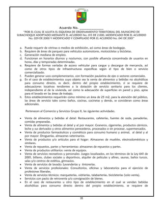 Acuerdo No. ______________
    “POR EL CUAL SE AJUSTA EL ESQUEMA DE ORDENAMIENTO TERRITORIAL DEL MUNICIPIO DE
SUBACHOQUE ADOPTADO MEDIANTE EL ACUERDO No. 015 DE 2.000, MODIFICADO POR EL ACUERDO
       No. 029 DE 2000 Y MODIFICADO Y COMPILADO POR EL ACUERDO No. 041 DE 2001”


 a. Puede requerir de vitrinas o medios de exhibición, así como áreas de bodegaje.
 b. Requiere de áreas de parqueo para vehículos automotores, motocicletas y bicicletas.
 c. Generación mediana de empleo.
 d. Funcionan en horarios diurnos y nocturnos, con posible afluencia concentrada de usuarios en
    horas, días y temporadas determinadas.
 e. Requiere de formas variadas de acceso vehicular para cargue y descargue de mercancía, así
    como de otros tipos de infraestructuras específicas según el tipo de bien o servicio
    comercializado.
 f. Pueden generar usos complementarios, con formación paulatina de ejes o sectores comerciales.
 g. En el caso de establecimientos cuyo objeto sea la venta de alimentos y bebidas no alcohólicas
    para consumo directo, es decir, dentro del propio establecimiento, sí se requiere de
    adecuaciones locativas tendientes a la dotación de servicio sanitario para los clientes,
    independiente al de la vivienda, así como la adecuación de superficies en pared y piso, aptas
    para el lavado en las áreas de trabajo.
 h. Estos establecimientos requerirán como mínimo un área de 25 m2, para la atención del público,
    las áreas de servicio tales como baños, cocinas, cocinetas y demás, se consideran como áreas
    adicionales.

      Pertenecen al Comercio y Servicios Grupo II, las siguientes actividades.

 •    Venta de alimentos y bebidas al detal: Restaurantes, cafeterías, fuentes de soda, panaderías,
      comidas preparadas.
 •    Venta de alimentos y bebidas al detal y al por mayor: Graneros, cigarrerías, productos cárnicos,
      leche y sus derivados y otros alimentos perecederos, procesados o sin procesar, supermercados.
 •    Venta de productos farmacéuticos y cosméticos para consumo humano y animal, al detal y al
      por mayor: Droguerías, almacenes veterinarios.
 •    Venta de productos y/o artículos para el hogar: Almacenes de muebles, electrodomésticos y
      similares.
 •    Venta de repuestos, partes y herramientas: almacenes de repuestos y partes.
 •    Venta de productos utilitarios: venta de equipos.
 •    Venta de servicios recreativos y personales: Juegos localizados, en los términos de la Ley 641 de
      2001, billares, clubes sociales y deportivos, alquiler de películas y afines, saunas, baños turcos,
      salas y/o centros de estética, gimnasios.
 •    Venta de servicios de lavado: Lavanderías y tintorerías.
 •    Venta de servicios profesionales: Consultorios, oficinas y laboratorios para el ejercicio de
      profesiones liberales.
 •    Venta de servicios técnicos: marqueterías, vidrierías, talabarterías, bicicleterías (solo venta).
 •    Servicios con pacto de retroventa y/o consignación de bienes.
 •    En el caso de restaurantes u otro tipo de establecimiento en el cual se vendan bebidas
      alcohólicas para consumo directo dentro del propio establecimiento, se requiere de



                                                  35
 