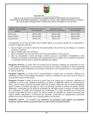 Acuerdo No. ______________
     “POR EL CUAL SE AJUSTA EL ESQUEMA DE ORDENAMIENTO TERRITORIAL DEL MUNICIPIO DE
 SUBACHOQUE ADOPTADO MEDIANTE EL ACUERDO No. 015 DE 2.000, MODIFICADO POR EL ACUERDO
        No. 029 DE 2000 Y MODIFICADO Y COMPILADO POR EL ACUERDO No. 041 DE 2001”



CESIÓN TIPO A EN SUELO
                            AA Residencial % del Área       AA Residencial (VIS)       AA Comercial % del Área
URBANO Y DE EXPANSIÓN
                                Neta Urbanizable         % del Área Neta Urbanizable      Neta Urbanizable
       URBANA

Vías Locales                     Mínimo 10%                    Mínimo 10%                  Mínimo 10%
Espacio Público                  Mínimo 20%                    Mínimo 20%                  Mínimo 20%
Equipamientos                    Mínimo 5%                     Mínimo 5%                   Mínimo 5%

La localización de las áreas de Cesión Tipo A deberá figurar en los planos oficiales de la urbanización y
cumplirá los siguientes requisitos:
a. Que se integren a los demás elementos del espacio público, de tal forma que constituyan un conjunto
   armónico y continuo.
b. Que se ubiquen sobre vías vehiculares
c. Que no coincidan con zonas de reserva vial, de servicios públicos u otras reservas.
d. Que no correspondan a zonas de riesgo o terrenos que por su pendiente, inundabilidad u otros
   limitantes no permitan el desarrollo de las infraestructuras de uso público. No se aceptará en particular
   su localización sobre chucuas y rondas de quebradas y/o vallados.

Parágrafo Primero. La cesión Tipo A en predios que se urbanicen, edifiquen y/o subdividan en cinco
o más unidades inmobiliarias, en los procesos de desarrollo por etapas, entregarán en forma anticipada
el porcentaje de cesión establecido en el proyecto urbanístico, como requisito previo a la expedición de
la licencia respectiva.
Parágrafo Segundo. La cesión Tipo A correspondiente a predios que se urbanicen, edifiquen y/o
subdividan en cinco o más unidades inmobiliarias, podrá ser localizada en otra zona del área urbana o
de expansión urbana del Municipio.
Parágrafo Tercero. Cuando el área de la cesión Tipo A en predios que se urbanicen, edifiquen y/o
subdividan en cinco o más unidades inmobiliarias sea inferior a 2000 M2, deberá ser compensada en
dinero, previo avalúo comercial del predio objeto del proyecto, elaborado por el Instituto Geográfico
Agustín Codazzi, la entidad que haga sus veces o las personas naturales o jurídicas de carácter privado
registradas y autorizadas por las lonjas de propiedad raíz del lugar donde se ubiquen los bienes objeto
de la valoración. El avalúo será contratado por el Municipio y su valor cancelado por el titular del
proyecto responsable de hacer la cesión, los dineros podrán ser utilizados en: compra de predios para
espacio público, adecuación y construcción de alamedas, construcción de equipamientos comunales
públicos entre otros relacionados con el espacio público y de servicios.
Parágrafo Cuarto. Los proyectos de edificación de inmuebles, bajo régimen de propiedad
horizontal, deberán realizar las Cesiones Tipo A, a que se refiere el presente artículo.




                                                        48
 