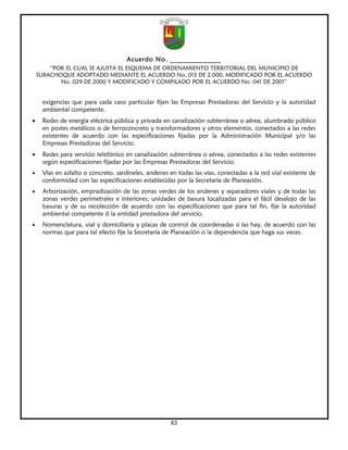 Acuerdo No. ______________
        “POR EL CUAL SE AJUSTA EL ESQUEMA DE ORDENAMIENTO TERRITORIAL DEL MUNICIPIO DE
    SUBACHOQUE ADOPTADO MEDIANTE EL ACUERDO No. 015 DE 2.000, MODIFICADO POR EL ACUERDO
           No. 029 DE 2000 Y MODIFICADO Y COMPILADO POR EL ACUERDO No. 041 DE 2001”


     exigencias que para cada caso particular fijen las Empresas Prestadoras del Servicio y la autoridad
     ambiental competente.
•    Redes de energía eléctrica pública y privada en canalización subterránea o aérea, alumbrado público
     en postes metálicos o de ferroconcreto y transformadores y otros elementos, conectados a las redes
     existentes de acuerdo con las especificaciones fijadas por la Administración Municipal y/o las
     Empresas Prestadoras del Servicio.
•    Redes para servicio telefónico en canalización subterránea o aérea, conectados a las redes existentes
     según especificaciones fijadas por las Empresas Prestadoras del Servicio.
•    Vías en asfalto o concreto, sardineles, andenes en todas las vías, conectadas a la red vial existente de
     conformidad con las especificaciones establecidas por la Secretaría de Planeación.
•    Arborización, empradización de las zonas verdes de los andenes y separadores viales y de todas las
     zonas verdes perimetrales e interiores; unidades de basura localizadas para el fácil desalojo de las
     basuras y de su recolección de acuerdo con las especificaciones que para tal fin, fije la autoridad
     ambiental competente ó la entidad prestadora del servicio.
•    Nomenclatura, vial y domiciliaria y placas de control de coordenadas si las hay, de acuerdo con las
     normas que para tal efecto fije la Secretaría de Planeación o la dependencia que haga sus veces.




                                                     63
 