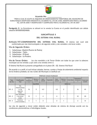 Acuerdo No. ______________
     “POR EL CUAL SE AJUSTA EL ESQUEMA DE ORDENAMIENTO TERRITORIAL DEL MUNICIPIO DE
 SUBACHOQUE ADOPTADO MEDIANTE EL ACUERDO No. 015 DE 2.000, MODIFICADO POR EL ACUERDO
        No. 029 DE 2000 Y MODIFICADO Y COMPILADO POR EL ACUERDO No. 041 DE 2001”


Parágrafo 2. La Escombrera se ubicará en la vereda La Cuesta en el predio identificado con cédula
catastral 00100050024000.

                                                       SUBCAPÍTULO 3
                                                 DEL SISTEMA VIAL RURAL

Artículo 117. COMPONENTES DEL SISTEMA VIAL RURAL. El sistema vial rural está
      conformado por vías intermunicipales o de segundo orden y vías veredales o de tercer orden.
Vía de Segundo Orden:
 1.   Subachoque -Madrid (Puente de Piedra)
 2.   Subachoque - Tabio.
 3.   Subachoque - El Rosal.
 4.   Subachoque - La Pradera.

Vía de Tercer Orden:         Las vías veredales o de Tercer Orden son todas las que unen la cabecera
municipal con las veredas y que unen a las veredas entre sí.
El Sistema Vial Rural se presenta cartografiado en el plano CR – 02. Sistema Vial Rural

De acuerdo a su perfil, el cual incluye calzadas, bermas, cunetas y franjas de aislamiento ambiental respecto
de los linderos prediales, las vías rurales del Municipio se clasifican así:

                                                     PERFILES VIALES RURALES
                            Aislamient
                                                                                                              Aislamiento
                                 o        Berma y       Semi-                 Semi-    Berma y
  Tipo      Clasificación                                        Separador                       Ciclo Ruta   Ambiental Total de la
                            Ambiental     Cuneta       calzada               calzada   Cuneta
 de Vía         Vial                                                                                               1      sección
                                 1
                                         IZQUIERDA                                            DERECHA
                 Vía
           Intermunicipa
VR - 2         l o de          16            2          4.5                   4.5        2                       16          45
              segundo
               orden
           Vías Veredales
VR - 3       o de tercer       10            1           4                     4          1                      10          30
               orden
              Caminos
VR - 4                          3            1           3                     3          1                       3          14
           interveredales


Las vías de segundo y tercer orden deberán estar dotadas de sistema de drenaje acorde con las
condiciones pluviométricas e hidrológicas locales.




                                                                 69
 
