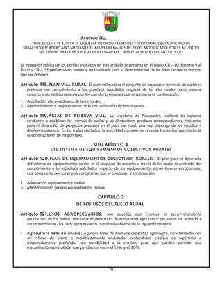 Acuerdo No. ______________
     “POR EL CUAL SE AJUSTA EL ESQUEMA DE ORDENAMIENTO TERRITORIAL DEL MUNICIPIO DE
 SUBACHOQUE ADOPTADO MEDIANTE EL ACUERDO No. 015 DE 2.000, MODIFICADO POR EL ACUERDO
        No. 029 DE 2000 Y MODIFICADO Y COMPILADO POR EL ACUERDO No. 041 DE 2001”


La expresión gráfica de los perfiles indicados en este artículo se presenta en el plano CR – 02 Sistema Vial
Rural y CR – 03 perfiles viales rurales y será utilizada para la determinación de las áreas de cesión siempre
que sea del caso.

Artículo 118. PLAN VIAL RURAL. El plan vial rural es el conjunto de acciones a través de las cuales se
   pretende dar cumplimiento a los objetivos acordados respecto de las vías rurales como sistema
   estructurante, está compuesto por los grandes programas que se consignan a continuación:
1. Ampliación vías veredales o de tercer orden.
2. Mantenimiento y mejoramiento de la red vial rural o de tercer orden.

Artículo 119. ÁREAS DE RESERVA VIAL. La Secretaría de Planeación, realizará las acciones
   tendientes a establecer las reservas de suelos y las afectaciones prediales correspondientes, necesarias
   para el desarrollo de proyectos previstos en el plan vial rural, una vez disponga de los estudios y
   diseños respectivos. En los suelos afectados, la autoridad competente no podrá autorizar parcelaciones
   ni construcciones de ningún tipo.

                                   SUBCAPÍTULO 4
                  DEL SISTEMA DE EQUIPAMIENTOS COLECTIVOS RURALES

Artículo 120. PLAN DE EQUIPAMIENTOS COLECTIVOS RURALES. El plan para el desarrollo
   del sistema de equipamientos rurales es el conjunto de acciones a través de las cuales se pretende dar
   cumplimiento a los objetivos acordados respecto de los equipamientos como sistema estructurante,
   está compuesto por los grandes programas que se consignan a continuación:

1. Adecuación equipamientos rurales.
2. Mantenimiento general equipamientos rurales.

                                              CAPÍTULO 2
                                 DE LOS USOS DEL SUELO RURAL

Artículo 121. USOS         AGROPECUARIOS. Son aquellos que implican el aprovechamiento
   productivo de los suelos, mediante el desarrollo de actividades agrícolas y pecuarias, de acuerdo a
   sus características, los usos agropecuarios pueden clasificarse de la siguiente manera:

1. Agricultura Semi-Intensiva: Aquellas áreas de mediana capacidad agrológica, caracterizadas por
   un relieve de plano o moderadamente ondulado, profundidad efectiva de superficial a
   moderadamente profunda, con sensibilidad a la erosión, pero que pueden permitir una
   mecanización controlada, con pendientes entre el 15% y el 30%.




                                                     70
 