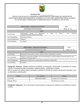 Acuerdo No. ______________
     “POR EL CUAL SE AJUSTA EL ESQUEMA DE ORDENAMIENTO TERRITORIAL DEL MUNICIPIO DE
 SUBACHOQUE ADOPTADO MEDIANTE EL ACUERDO No. 015 DE 2.000, MODIFICADO POR EL ACUERDO
        No. 029 DE 2000 Y MODIFICADO Y COMPILADO POR EL ACUERDO No. 041 DE 2001”



                           ÁREA RURAL - ÁREAS DE ACTIVIDAD                                                     Ficha
                                ACTIVIDAD INSTITUCIONAL                                                      NUG - R - 13
                                                               USOS
                           Institucional Grupo   II  (Solamente             la    Plaza     de     Ferias,           No.     Catastral
Uso Principal
                           000100070501000-000100070125000).
Usos Compatibles           Recreacional Pasivo
Usos Condicionados         Ninguno
Usos Prohibidos            Los demás.



                                ÁREA RURAL - ÁREAS DE ACTIVIDAD                                                      Ficha
                                  ACTIVIDAD RECREACIONAL R-RE                                                      NUG - R - 14
                                                               USOS
Uso Principal              Recreación masiva activa y pasiva, cultural, centros vacacionales, y turismo
                           Embalses, restauración ecológica, vías de comunicación y servicios públicos necesarios para los usos
Uso compatible
                           principales. Comercio tipo II
Uso Condicionado           Agropecuario tradicional y mecanizado, parcelaciones vacacionales
Uso prohibido              Los demás.


Parágrafo Primero. Queda totalmente prohibida la instalación, construcción y operación de nuevos
cultivos e instalaciones bajo invernadero, cubierta plástica, polisombra o similar.
Solo se aceptan los cultivos bajo invernadero existentes a la fecha de sanción del presente Acuerdo y que
se relacionan a continuación:

                  Predio                                No. Catastral                                     Vereda
Los Cerezos                                           000100050249000                 Cascajal (sector Casablanca)

Propagar Plantas                                                                      El Santuario-La Cuesta


Parágrafo Segundo. No se permitirán construcciones en general en predios con pendientes mayores
al 25%.




                                                                 80
 