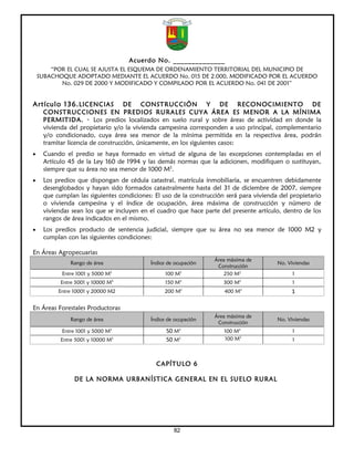 Acuerdo No. ______________
        “POR EL CUAL SE AJUSTA EL ESQUEMA DE ORDENAMIENTO TERRITORIAL DEL MUNICIPIO DE
    SUBACHOQUE ADOPTADO MEDIANTE EL ACUERDO No. 015 DE 2.000, MODIFICADO POR EL ACUERDO
           No. 029 DE 2000 Y MODIFICADO Y COMPILADO POR EL ACUERDO No. 041 DE 2001”


Artículo 136. LICENCIAS            DE CONSTRUCCIÓN Y DE RECONOCIMIENTO DE
     CONSTRUCCIONES EN PREDIOS RURALES CUYA ÁREA ES MENOR A LA MÍNIMA
     PERMITIDA. · Los predios localizados en suelo rural y sobre áreas de actividad en donde la
     vivienda del propietario y/o la vivienda campesina corresponden a uso principal, complementario
     y/o condicionado, cuya área sea menor de la mínima permitida en la respectiva área, podrán
     tramitar licencia de construcción, únicamente, en los siguientes casos:
•    Cuando el predio se haya formado en virtud de alguna de las excepciones contempladas en el
     Artículo 45 de la Ley 160 de 1994 y las demás normas que la adicionen, modifiquen o sustituyan,
     siempre que su área no sea menor de 1000 M2.
•    Los predios que dispongan de cédula catastral, matrícula inmobiliaria, se encuentren debidamente
     desenglobados y hayan sido formados catastralmente hasta del 31 de diciembre de 2007, siempre
     que cumplan las siguientes condiciones: El uso de la construcción será para vivienda del propietario
     o vivienda campesina y el índice de ocupación, área máxima de construcción y número de
     viviendas sean los que se incluyen en el cuadro que hace parte del presente artículo, dentro de los
     rangos de área indicados en el mismo.
•    Los predios producto de sentencia judicial, siempre que su área no sea menor de 1000 M2 y
     cumplan con las siguientes condiciones:

En Áreas Agropecuarias
                                                                  Área máxima de
              Rango de área                Índice de ocupación                           No. Viviendas
                                                                   Construcción
           Entre 1001 y 5000 M2                  100 M2               250 M2                   1
                                  2
           Entre 5001 y 10000 M                  150 M2              300 M2                    1
          Entre 10001 y 20000 M2                200 M    2
                                                                      400 M   2
                                                                                              1

En Áreas Forestales Productoras
                                                                  Área máxima de
              Rango de área                Índice de ocupación                           No. Viviendas
                                                                   Construcción
           Entre 1001 y 5000 M2                  50 M2                100 M2                   1
           Entre 5001 y 10000 M   2
                                                 50 M2                100 M2                   1



                                             CAPÍTULO 6

                DE LA NORMA URBANÍSTICA GENERAL EN EL SUELO RURAL




                                                    82
 