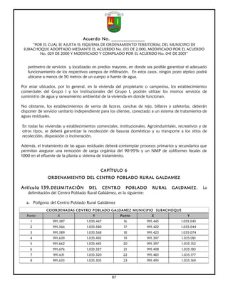 Acuerdo No. ______________
     “POR EL CUAL SE AJUSTA EL ESQUEMA DE ORDENAMIENTO TERRITORIAL DEL MUNICIPIO DE
 SUBACHOQUE ADOPTADO MEDIANTE EL ACUERDO No. 015 DE 2.000, MODIFICADO POR EL ACUERDO
        No. 029 DE 2000 Y MODIFICADO Y COMPILADO POR EL ACUERDO No. 041 DE 2001”


   perímetro de servicios y localizadas en predios mayores, en donde sea posible garantizar el adecuado
   funcionamiento de los respectivos campos de infiltración. En estos casos, ningún pozo séptico podrá
   ubicarse a menos de 50 metros de un cuerpo o fuente de agua.

Por estar ubicados, por lo general, en la vivienda del propietario o campesina, los establecimientos
comerciales del Grupo I y los Institucionales del Grupo I, podrán utilizar los mismos servicios de
suministro de agua y saneamiento ambiental de la vivienda en donde funcionan.

No obstante, los establecimientos de venta de licores, canchas de tejo, billares y cafeterías, deberán
disponer de servicio sanitario independiente para los clientes, conectado a un sistema de tratamiento de
aguas residuales.

En todas las viviendas y establecimientos comerciales, institucionales, Agroindustriales, recreativos y de
otros tipos, se deberá garantizar la recolección de basuras domésticas y su transporte a los sitios de
recolección, disposición o incineración.

Además, el tratamiento de las aguas residuales deberá contemplar procesos primarios y secundarios que
permitan asegurar una remoción de carga orgánica del 90-95% y un NMP de coliformes fecales de
1000 en el efluente de la planta o sistema de tratamiento.


                                             CAPÍTULO 6
              ORDENAMIENTO DEL CENTRO POBLADO RURAL GALDAMEZ

Artículo 139. DELIMITACIÓN          DEL CENTRO POBLADO                    RURAL      GALDAMEZ .        La
   delimitación del Centro Poblado Rural Galdámez, es la siguiente:

  a. Polígono del Centro Poblado Rural Galdámez
              COORDENADAS CENTRO POBLADO GALDAMEZ MUNICIPIO SUBACHOQUE
   Punto            X                   Y               Punto             X                   Y
     1           991.387            1.035.447             16           991.445             1.035.045
     2           991.566            1.035.580             17           991.422             1.035.044
     3           991.589            1.035.568             18           991.423             1.035.074
     4           991.639            1.035.492             19           991.397             1.035.081
     5           991.662            1.035.445             20           991.397             1.035.152
     6           991.676            1.035.327             21           991.408             1.035.183
     7           991.631            1.035.320             22           991.483             1.035.177
     8           991.635            1.035.305             23           991.495             1.035.169




                                                   87
 