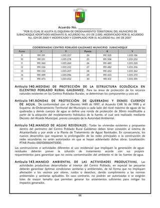 Acuerdo No. ______________
     “POR EL CUAL SE AJUSTA EL ESQUEMA DE ORDENAMIENTO TERRITORIAL DEL MUNICIPIO DE
 SUBACHOQUE ADOPTADO MEDIANTE EL ACUERDO No. 015 DE 2.000, MODIFICADO POR EL ACUERDO
        No. 029 DE 2000 Y MODIFICADO Y COMPILADO POR EL ACUERDO No. 041 DE 2001”


             COORDENADAS CENTRO POBLADO GALDAMEZ MUNICIPIO SUBACHOQUE
   Punto           X                  Y              Punto            X                  Y
    9            991.591           1.035.327          24           991.505            1.035.196
    10           991.551           1.035.278          25           991.506            1.035.252
    11           991.560           1.035.269          26           991.485            1.035.320
    12           991.526           1.035.252          27           991.482            1.035.356
    13           991.532           1.035.207          28           991.452            1.035.362
    14           991.499           1.035.096          29           991.433            1.035.370
    15           991.473           1.035.052          30           991.412            1.035.395


Artículo 140. MEDIDAS DE PROTECCIÓN DE LA ESTRUCTURA ECOLÓGICA EN
   ELCENTRO POBLADO RURAL GALDAMEZ. Para las áreas de protección de los recursos
   naturales existentes en los Centros Poblados Rurales, se determinan los componentes y usos así:

Artículo 141. RONDAS       DE PROTECCIÓN DE QUEBRADAS Y DEMÁS CUERPOS
   DE AGUA. De conformidad con el Decreto 1449 de 1997, el Acuerdo CAR 16 de 1998 y el
   Esquema de Ordenamiento Territorial del Municipio a cada lado del nivel máximo de aguas de las
   quebradas y demás cuerpos de agua se define una ronda de protección de 30mts modificable a
   partir de la adopción del modelamiento hidráulico de la fuente, el cual será realizado mediante
   Decreto del Alcalde Municipal, previo concepto de la Autoridad Ambiental.

Artículo 142. MANEJO DE AGUAS RESIDUALES. Todas las viviendas existentes y propuestas
   dentro del perímetro del Centro Poblado Rural Galdámez deben tener conexión al sistema de
   Alcantarillado y por ende a la Planta de Tratamiento de Aguas Residuales. En consecuencia, los
   nuevos desarrollos que requieran la prolongación de las redes principales o la construcción de
   redes secundarias no serán autorizados sin que se hayan adelantado dichas obras. Localización:
   PTAR Predio 000100060475000.
Las construcciones o actividades diferentes al uso residencial que impliquen la generación de aguas
residuales deberán prever la solución de tratamiento acorde con sus propios
requerimientos para garantizar que no exista contaminación del ambiente ni de las fuentes de agua.

Artículo 143. MANEJO         AMBIENTAL DE LAS ACTIVIDADES PRODUCTIVAS. Las
   actividades productivas desarrolladas al interior del Centro Poblado, en especial las pecuarias
   deberán garantizar óptimas condiciones sanitarias y ambientales, de tal forma que no impliquen
   afectación a los vecinos por olores, ruidos o desechos, dando cumplimiento a las normas
   ambientales y sanitarias aplicables. En caso contrario, no podrán ser autorizadas o se exigirán
   lotes de mayor tamaño que permitan generar los aislamientos suficientes para mitigar los
   impactos generados.



                                                88
 