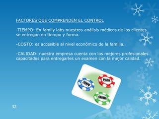 32
FACTORES QUE COMPRENDEN EL CONTROL
-TIEMPO: En family labs nuestros análisis médicos de los clientes
se entregan en tiempo y forma.
-COSTO: es accesible al nivel económico de la familia.
-CALIDAD: nuestra empresa cuenta con los mejores profesionales
capacitados para entregarles un examen con la mejor calidad.
 