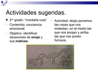 Actividades sugeridas.
   2do grado: “montaña rusa”   -   Actividad: abajo ponemos
-   Contenido: conciencia           las cosas que nos
    emocional.                      molestan, en el medio las
-   Objetivo: identificar           que nos enojan y arriba
    situaciones de enojo y          las que nos ponen
    sus matices.                    furiosos.
 
