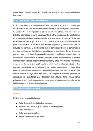 12
salud física, mental, social y/o familiar así como en las responsabilidades
laborales.
EL ALCOHOLISMO: UNA ENFERMEDAD
El alcoholismo es una enfermedad crónica, progresiva y a menudo mortal que
se caracteriza por una dependencia emocional y a veces orgánica del alcohol.
Es producida por la ingestión excesiva de alcohol etílico, bien en forma de
bebidas alcohólicas o como constituyente de otras sustancias. El alcoholismo
es la ingestión diaria de alcohol superior a 50 gramos en la mujer y 70 gramos
en el hombre (una copa de licor o un combinado tiene aproximadamente 40
gramos de alcohol, un cuarto de litro de vino 30 gramos y un cuarto de litro de
cerveza 15 gramos). El alcoholismo parece ser producido por la combinación
de diversos factores fisiológicos, psicológicos y genéticos. Es un trastorno
primario y no un síntoma de otras enfermedades o problemas emocionales. La
química del alcohol afecta al sistema nervioso central. En el cerebro, el alcohol
interactúa con centros responsables del placer y otras sensaciones deseables;
después de la exposición prolongada al alcohol, el cerebro se adapta a los
cambios producidos por el alcohol y se vuelve dependiente a ellos. Una
persona que sufre de alcoholismo no puede mantener su forma de beber bajo
control, aunque le haga daño a su salud, a su empleo, a su mente y familia. El
alcohólico se caracteriza por depender del alcohol, tanto física como
psíquicamente y, la incapacidad de detenerse o abstenerse. La falta de la
bebida provoca síntomas de abstinencia.
ETAPAS DEL ALCOHOLISMO.
Etapa 1:
En la primera etapa el individuo:
Bebe demasiado en todas las reuniones.
Aumenta su tolerancia y la frecuencia de la ingestión.
Bebe con rapidez.
Sufre lagunas mentales.
Siente preocupación por beber.
 