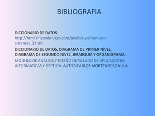 BIBLIOGRAFIA

DICCIONARIO DE DATOS:
http://html.rincondelvago.com/analisis-y-diseno-de-
sistemas_3.html
DICCIONARIO DE DATOS, DIAGRAMA DE PRIMER NIVEL,
DIAGRAMA DE SEGUNDO NIVEL ,JERARQUIA Y ORGANIGRAMA:
MODULO DE ANALISIS Y DISEÑO DETALLADO DE APLICACIONES
INFORMATICAS Y GESTION. AUTOR:CARLOS MORTENSE BONILLA
 