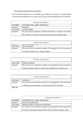 4.2.3.4. Descripción Del Caso De Uso
Los CU fueron basados en actividades que realizan los actores. a continuación
se muestra los detalles de los casos de uso que se han identificado en el anterior


                              Caso de uso numero 1
NOMBRE        INFORME DEL AREA PERSONAL
Actores       Docente
Actividad      marcar tarjeta
sinopsis      El caso de uso comienza cuando el docente va a marcar su tarjeta
              De entrada y termina cuando el docente marca tarjeta salida



NOMBRE        INFORME DEL AREA uso numero 2
                               Caso de PERSONAL
Actores       Jefe de área personal
Actividad      Revisar tarjeta
sinopsis      El caso de uso comienza cuando el encargado de área personal
              revisa las tarjetas, lee y luego registra.



NOMBRE        INFORME DEL AREA PERSONAL
                              Caso de uso numero 3
Actores       Jefe de área personal
Actividad     Elabora informe
sinopsis      El caso de uso comienza cuando el encargado de área personal
              elabora informe sobre la asistencia, inasistencia, tardanza, etc.



NOMBRE        INFORME DEL AREA PERSONAL
                              Caso de uso numero 4
Actores       Jefe de área personal
Actividad      controlar
sinopsis      El caso de uso comienza cuando el encargado de área personal
              controla la permanencia y los permisos de los docentes.
PAG 14




                                                Caso de uso numero 5
NOMBRE        INFORME DEL AREA PERSONAL
Actores       Jefe de área personal
Actividad     Informa sobre la situación del docente
sinopsis      El caso de uso comienza cuando el encargado de área personal
              informa la situación del docente como es bueno, regular, malo
 