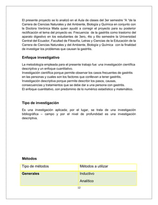 El presente proyecto se lo analizó en el Aula de clases del 3er semestre “A “de la
Carrera de Ciencias Naturales y del Ambiente, Biología y Química en conjunto con
la Doctora Verónica Maila quien ayudó a corregir el proyecto para su posterior
rectificación el tema del proyecto es: Frecuencia de la gastritis como trastorno del
aparato digestivo en los estudiantes de 3ero, 4to y 6to semestre la Universidad
Central del Ecuador, Facultad de Filosofía, Letras y Ciencias de la Educación de la
Carrera de Ciencias Naturales y del Ambiente, Biología y Química con la finalidad
de investigar los problemas que causan la gastritis.
Enfoque investigativo
La metodología empleada para el presente trabajo fue: una investigación científica
descriptiva y un enfoque cuantitativo.
Investigación científica porque permite observar los casos frecuentes de gastritis
en las personas y cuales son los factores que conllevan a tener gastritis.
Investigación descriptiva porque permite describir los pasos, causas,
consecuencias y tratamientos que se debe dar a una persona con gastritis.
El enfoque cuantitativo, con predominio de lo numérico estadístico y matemático.
Tipo de investigación
Es una investigación aplicada; por el lugar, se trata de una investigación
bibliográfica – campo y por el nivel de profundidad es una investigación
descriptiva.
Métodos
Tipo de métodos Métodos a utilizar
Generales Inductivo
Analítico
12
 