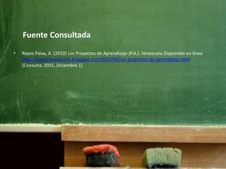 • Reyes Paiva, A. (2010) Los Proyectos de Aprendizaje (P.A.). Venezuela Disponible en línea
http://maestraasuncion.blogspot.com/2010/09/los-proyectos-de-aprendizaje.html
[Consulta: 2015, Diciembre 1]
Fuente Consultada
 