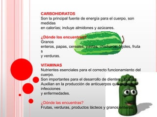 CARBOHIDRATOS
Son la principal fuente de energía para el cuerpo, son
medidas
en calorías; incluye almidones y azúcares.

¿Dónde los encuentras?
Granos
enteros, papas, cereales, pastas, chícharos, frijoles, fruta
s
y verduras.

VITAMINAS
Nutrientes esenciales para el correcto funcionamiento del
cuerpo.
Son importantes para el desarrollo de dientes y huesos.
Auxilian en la producción de anticuerpos que rechazan
infecciones
y enfermedades.

¿Dónde las encuentras?
Frutas, verduras, productos lácteos y granos enteros.
 