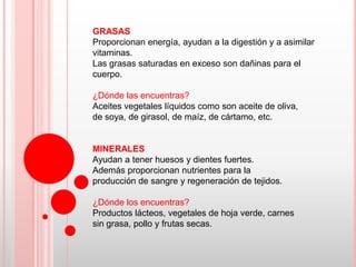 GRASAS
Proporcionan energía, ayudan a la digestión y a asimilar
vitaminas.
Las grasas saturadas en exceso son dañinas para el
cuerpo.

¿Dónde las encuentras?
Aceites vegetales líquidos como son aceite de oliva,
de soya, de girasol, de maíz, de cártamo, etc.


MINERALES
Ayudan a tener huesos y dientes fuertes.
Además proporcionan nutrientes para la
producción de sangre y regeneración de tejidos.

¿Dónde los encuentras?
Productos lácteos, vegetales de hoja verde, carnes
sin grasa, pollo y frutas secas.
 