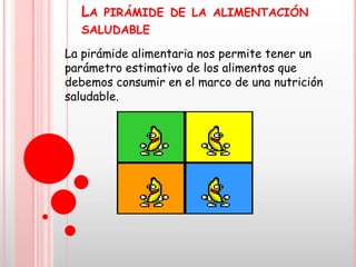 LA   PIRÁMIDE DE LA ALIMENTACIÓN
  SALUDABLE

La pirámide alimentaria nos permite tener un
parámetro estimativo de los alimentos que
debemos consumir en el marco de una nutrición
saludable.
 