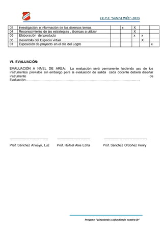 I.E.P.E. “SANTA INÉS”- 2015
Proyecto “Conociendo y Difundiendo nuestra fe”
03 Investigación e información de los diversos temas x X
04 Reconocimiento de las estrategias , técnicas a utilizar X
05 Elaboración del producto x x
06 Desarrollo del Espacio virtual X
07 Exposición de proyecto en el día del Logro x
VI. EVALUACIÓN:
EVALUACIÓN A NIVEL DE AREA: La evaluación será permanente haciendo uso de los
instrumentos previstos sin embargo para la evaluación de salida cada docente deberá diseñar
instrumento de
Evaluación:…………………………………………………………………………………….....….
------------------------------------ ------------------------------- ----------------------------------------
Prof. Sánchez Ahuayo, Luz Prof. Rafael Alva Edita Prof. Sánchez Ordoñez Henry
 