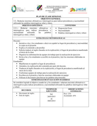 REPUBLICA BOLIVARIANA DE VENEZUELA
L.N. BOLIVARIANO “ALEJANDRO FEBRES”
007914990
LAS VEGAS – RÓMULO GALLEGOS
C O J E D E S
PLAN DE CLASE SEMANAL
OBJETIVO GENERAL
2.2.- Redactar oraciones afirmativas e interrogativas para indicar procedencia y nacionalidad
utilizando las palabras interrogativas what y where.
OBJETIVO ESPECÍFICO CONTENIDO
2.2.1.- Redactar oraciones afirmativas e
interrogativas para indicar procedencia y
nacionalidad utilizando las palabras
interrogativas what y where
• Preposición From.
• Nacionalidades
• Palabras interrogativas what y where
ESTRATEGIAS METODOLÓGICAS
Docente:
• Incentiva a las y los estudiantes a decir en español su lugar de procedencia y nacionalidad,
lo copia en el pizarrón
• Explica el contenido a desarrollar
• Solicita traducir al inglés (basados en la explicación), el lugar de procedencia manifestado
al inicio de la clase
• Organiza la conformación de equipos de trabajo para la realización de ejercicios
• Invita a las y los estudiantes a escribir en el pizarrón y leer las oraciones elaboradas en
equipo
Estudiantes:
• Manifiestan en español su lugar de procedencia
• Atienden a la explicación del contenido por parte del docente.
• Traducen al inglés (basados en la explicación), el lugar de procedencia manifestado al
inicio de la clase
• Conforman equipos de trabajo para la realización de ejercicios
• Escriben en el pizarrón y leen las oraciones elaboradas en equipo
• Utilizan el diccionario para buscar las palabras desconocidas.
ESTRATEGIAS DE EVALUACIÓN SUGERIDAS
Se considera logrado el objetivo cuando las y los estudiantes redactan oraciones afirmativas e
interrogativas para indicar procedencia y nacionalidad utilizando las palabras interrogativas what
y where
RECURSOS
TIEMPOS DE
EJECUCIÓN
OBSERVACIONES
GENERALES
• Diccionario de inglés.
• Guía de inglés.
Del
26/01/2015
Al
30/01/2015
Peso: 15%
Acumulado: 45%
 