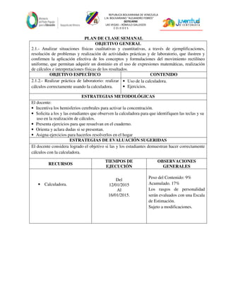 REPUBLICA BOLIVARIANA DE VENEZUELA
L.N. BOLIVARIANO “ALEJANDRO FEBRES”
007914990
LAS VEGAS – RÓMULO GALLEGOS
C O J E D E S
PLAN DE CLASE SEMANAL
OBJETIVO GENERAL
2.1.- Analizar situaciones físicas cualitativas y cuantitativas, a través de ejemplificaciones,
resolución de problemas y realización de actividades prácticas y de laboratorio, que ilustren y
confirmen la aplicación efectiva de los conceptos y formulaciones del movimiento rectilíneo
uniforme, que permitan adquirir un dominio en el uso de expresiones matemáticas, realización
de cálculos e interpretaciones físicas de los resultados.
OBJETIVO ESPECÍFICO CONTENIDO
2.1.2.- Realizar práctica de laboratorio: realizar
cálculos correctamente usando la calculadora.
• Uso de la calculadora.
• Ejercicios.
ESTRATEGIAS METODOLÓGICAS
El docente:
• Incentiva los hemisferios cerebrales para activar la concentración.
• Solicita a los y las estudiantes que observen la calculadora para que identifiquen las teclas y su
uso en la realización de cálculos.
• Presenta ejercicios para que resuelvan en el cuaderno.
• Orienta y aclara dudas si se presentan.
• Asigna ejercicios para hacerlos resolverlos en el hogar
ESTRATEGIAS DE EVALUACIÓN SUGERIDAS
El docente considera logrado el objetivo si las y los estudiantes demuestran hacer correctamente
cálculos con la calculadora.
RECURSOS
TIEMPOS DE
EJECUCIÓN
OBSERVACIONES
GENERALES
• Calculadora.
Del
12/01/2015
Al
16/01/2015.
Peso del Contenido: 9%
Acumulado. 17%
Los rasgos de personalidad
serán evaluados con una Escala
de Estimación.
Sujeto a modificaciones.
 