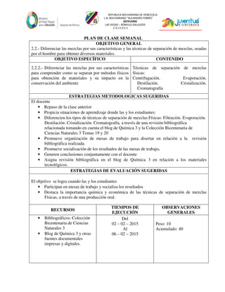 REPUBLICA BOLIVARIANA DE VENEZUELA
L.N. BOLIVARIANO “ALEJANDRO FEBRES”
007914990
LAS VEGAS – RÓMULO GALLEGOS
C O J E D E S
PLAN DE CLASE SEMANAL
OBJETIVO GENERAL
2.2.- Diferenciar las mezclas por sus características y las técnicas de separación de mezclas, usadas
por el hombre para obtener diversos materiales.
OBJETIVO ESPECÍFICO CONTENIDO
2.2.2.- Diferenciar las mezclas por sus características
para comprender como se separan por métodos físicos
para obtención de materiales y su impacto en la
conservación del ambiente
Técnicas de separación de mezclas
físicas:
Centrifugación. Evaporación.
Destilación. Cristalización.
Cromatografía
ESTRATEGIAS METODOLOGICAS SUGERIDAS
El docente
• Repaso de la clase anterior
• Propicia situaciones de aprendizaje donde las y los estudiantes:
• Diferencien los tipos de técnicas de separación de mezclas Físicas: Filtración. Evaporación.
Destilación. Cristalización. Cromatografía, a través de una revisión bibliográfica
relacionada tomando en cuenta el blog de Química 3 y la Colección Bicentenaria de
Ciencias Naturales 3 Temas 19 y 20
• Promueve organización de mesas de trabajo para disertar en relación a la revisión
bibliográfica realizada.
• Promueve socialización de los resultados de las mesas de trabajo.
• Generen conclusiones conjuntamente con el docente
• Asigna revisión bibliográfica en el blog de Química 3 en relación a los materiales
tecnológicos.
ESTRATEGIAS DE EVALUACIÓN SUGERIDAS
El objetivo se logra cuando las y los estudiantes
• Participan en mesas de trabajo y socializa los resultados
• Destaca la importancia química y económica de las técnicas de separación de mezclas
Físicas, a través de una producción oral.
RECURSOS
TIEMPOS DE
EJECUCIÓN
OBSERVACIONES
GENERALES
• Bibliográficos: Colección
Bicentenaria de Ciencias
Naturales 3
• Blog de Química 3 y otras
fuentes documentales
impresas y digitales.
Del
02 – 02 – 2015
Al
06 – 02 – 2015
Peso: 10
Acumulado: 40
 