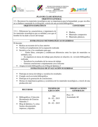 REPUBLICA BOLIVARIANA DE VENEZUELA
L.N. BOLIVARIANO “ALEJANDRO FEBRES”
007914990
LAS VEGAS – RÓMULO GALLEGOS
C O J E D E S
PLAN DE CLASE SEMANAL
OBJETIVO GENERAL
2.3.- Reconocer los materiales tecnológicos por su importancia para la humanidad, ya que sin ellos
no se hubiese construido la civilización, a través de una revisión bibliográfica.
OBJETIVO ESPECÍFICO CONTENIDO
2.3.1.- Diferenciar las características e importancia de
los materiales tecnológicos por su utilidad y uso que el
hombre les ha dado a través del tiempo
• Madera,
• Materiales compuestos
• Materiales plásticos.
ESTRATEGIAS METODOLÓGICAS SUGERIDAS
El docente:
• Realiza un recuento de la clase anterior
• Verifica el cumplimiento de la asignación realizada
• Incentiva a las y los estudiantes para que
- Emita ideas, conceptos y establezcan diferencias entre los tipos de materiales su
utilidad y uso,
- Se organicen en mesas de trabajo para disertar en relación a la revisión bibliográfica
realizada.
- Socialicen los resultados de las mesas de trabajo
- Generen conclusiones conjuntamente con el docente
• Asigna revisión bibliográfica en el blog de Química 3
ESTRATEGIAS DE EVALUACIÓN SUGERIDAS
• Participa en mesas de trabajo y socializa los resultados
• Cumple con la revisión bibliográfica.
• Participa en la generación de conclusiones.
• Destaca la importancia química y económica de los materiales tecnológicos, a través de una
producción oral
RECURSOS
TIEMPOS DE
EJECUCIÓN
OBSERVACIONES
GENERALES
• Bibliográficos: Colección
Bicentenario de Ciencias
Naturales 3
• Blog de Química 3 y otras
fuentes documentales
impresas y digitales.
Del
16 – 02 – 2015
Al
20 – 02 – 2015
Peso: 10
Acumulado: 60
 