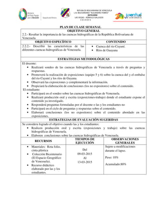 REPUBLICA BOLIVARIANA DE VENEZUELA
L.N. BOLIVARIANO “ALEJANDRO FEBRES”
007914990
LAS VEGAS – RÓMULO GALLEGOS
C O J E D E S
PLAN DE CLASE SEMANAL
OBJETIVO GENERAL
2.2.- Resaltar la importancia de las cuencas hidrográficas de la República Bolivariana de
Venezuela.
OBJETIVO ESPECÍFICO CONTENIDO
2.2.2.- Describir las características de las
diferentes cuencas hidrográficas de Venezuela.
• Cuenca del rio Cuyuní.
• Ríos de Guayana
ESTRATEGIAS METODOLÓGICAS
El docente:
• Realizará sondeo de las cuencas hidrográficas de Venezuela a través de preguntas y
respuestas.
• Promoverá la realización de exposiciones (equipo 5 y 6) sobre la cuenca del y el embalse
del rio Cuyuní y los ríos de Guyana.
• Observará las exposiciones y complementará la información.
• Propiciará la elaboración de conclusiones (los no expositores) sobre el contenido.
El estudiante:
• Participará en el sondeo sobre las cuencas hidrográficas de Venezuela.
• Realizará producción oral y escrita (exposiciones-trabajo) donde el estudiante expone el
contenido ya investigado.
• Responderá preguntas formuladas por el docente o las y los estudiantes no
• Participará en el ciclo de preguntas y respuestas sobre el contenido.
• Elaborará conclusiones (los no expositores) sobre el contenido abordado en las
exposiciones.
ESTRATEGIAS DE EVALUACIÓN SUGERIDAS
Se considera logrado el objetivo cuando las y los estudiantes:
• Realicen producción oral y escrita (exposiciones y trabajo) sobre las cuencas
hidrográficas de Venezuela.
• Elaboren conclusiones sobre las cuencas hidrográficas de Venezuela.
RECURSOS
TIEMPOS DE
EJECUCIÓN
OBSERVACIONES
GENERALES
• Materiales: Rota folio,
cinta plástica
• Colección Bicentenario
(El Espacio Geográfico
de Venezuela).
• Recurso didáctico
elaborado por las y los
estudiantes.
Del
09-03-2015
Al
13-03-2015
Sujeto a modificaciones
durante el lapso.
Peso: 10%
Acumulado:80%
 