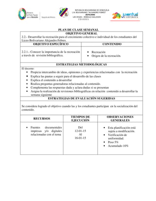 REPUBLICA BOLIVARIANA DE VENEZUELA
L.N. BOLIVARIANO “ALEJANDRO FEBRES”
007914990
LAS VEGAS – RÓMULO GALLEGOS
C O J E D E S
PLAN DE CLASE SEMANAL
OBJETIVO GENERAL
2.2.- Desarrollar la recreación para el crecimiento colectivo e individual de los estudiantes del
Liceo Bolivariano Alejandro Febres.
OBJETIVO ESPECÍFICO CONTENIDO
2.2.1.- Conocer la importancia de la recreación
a través de revisión bibliográfica.
• Recreación
• Origen de la recreación.
ESTRATEGIAS METODOLÓGICAS
El docente:
• Propicia intercambio de ideas, opiniones y experiencias relacionadas con la recreación
• Explica las pautas a seguir para el desarrollo de las clases
• Explica el contenido a desarrollar
• Realiza preguntas generadoras relacionadas al contenido.
• Complementa las respuestas dada y aclara dudas si se presentan
• Asigna la realización de revisiones bibliográficas en relación contenido a desarrollar la
semana siguiente
ESTRATEGIAS DE EVALUACIÓN SUGERIDAS
Se considera logrado el objetivo cuando las y los estudiantes participan en la socialización del
contenido.
RECURSOS
TIEMPOS DE
EJECUCIÓN
OBSERVACIONES
GENERALES
• Fuentes documentales
impresas y/o digitales
relacionadas con el tema
Del
12-01-15
Al
16-01-15
• Esta planificación está
sujeta a modificación.
• Verificación de
uniformidad.
• Peso 5%
• Acumulado 10%
 