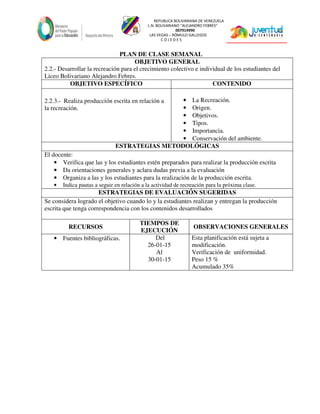REPUBLICA BOLIVARIANA DE VENEZUELA
L.N. BOLIVARIANO “ALEJANDRO FEBRES”
007914990
LAS VEGAS – RÓMULO GALLEGOS
C O J E D E S
PLAN DE CLASE SEMANAL
OBJETIVO GENERAL
2.2.- Desarrollar la recreación para el crecimiento colectivo e individual de los estudiantes del
Liceo Bolivariano Alejandro Febres.
OBJETIVO ESPECÍFICO CONTENIDO
2.2.3.- Realiza producción escrita en relación a
la recreación.
• La Recreación.
• Origen.
• Objetivos.
• Tipos.
• Importancia.
• Conservación del ambiente.
ESTRATEGIAS METODOLÓGICAS
El docente:
• Verifica que las y los estudiantes estén preparados para realizar la producción escrita
• Da orientaciones generales y aclara dudas previa a la evaluación
• Organiza a las y los estudiantes para la realización de la producción escrita.
• Indica pautas a seguir en relación a la actividad de recreación para la próxima clase.
ESTRATEGIAS DE EVALUACIÓN SUGERIDAS
Se considera logrado el objetivo cuando lo y la estudiantes realizan y entregan la producción
escrita que tenga correspondencia con los contenidos desarrollados
RECURSOS
TIEMPOS DE
EJECUCIÓN
OBSERVACIONES GENERALES
• Fuentes bibliográficas. Del
26-01-15
Al
30-01-15
Esta planificación está sujeta a
modificación.
Verificación de uniformidad.
Peso 15 %
Acumulado 35%
 