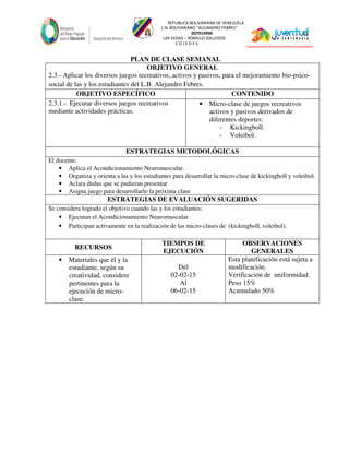 REPUBLICA BOLIVARIANA DE VENEZUELA
L.N. BOLIVARIANO “ALEJANDRO FEBRES”
007914990
LAS VEGAS – RÓMULO GALLEGOS
C O J E D E S
PLAN DE CLASE SEMANAL
OBJETIVO GENERAL
2.3.- Aplicar los diversos juegos recreativos, activos y pasivos, para el mejoramiento bio-psico-
social de las y los estudiantes del L.B. Alejandro Febres.
OBJETIVO ESPECÍFICO CONTENIDO
2.3.1.- Ejecutar diversos juegos recreativos
mediante actividades prácticas.
• Micro-clase de juegos recreativos
activos y pasivos derivados de
diferentes deportes:
- Kickingboll.
- Voleibol.
ESTRATEGIAS METODOLÓGICAS
El docente:
• Aplica el Acondicionamiento Neuromuscular.
• Organiza y orienta a las y los estudiantes para desarrollar la micro-clase de kickingboll y voleibol.
• Aclara dudas que se pudieran presentar
• Asigna juego para desarrollarlo la próxima clase
ESTRATEGIAS DE EVALUACIÓN SUGERIDAS
Se considera logrado el objetivo cuando las y los estudiantes:
• Ejecutan el Acondicionamiento Neuromuscular.
• Participan activamente en la realización de las micro-clases de (kickingboll, voleibol).
RECURSOS
TIEMPOS DE
EJECUCIÓN
OBSERVACIONES
GENERALES
• Materiales que él y la
estudiante, según su
creatividad, considere
pertinentes para la
ejecución de micro-
clase.
Del
02-02-15
Al
06-02-15
Esta planificación está sujeta a
modificación.
Verificación de uniformidad.
Peso 15%
Acumulado 50%
 