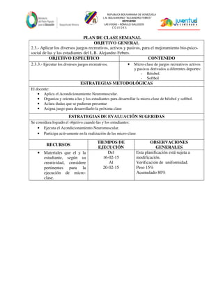 REPUBLICA BOLIVARIANA DE VENEZUELA
L.N. BOLIVARIANO “ALEJANDRO FEBRES”
007914990
LAS VEGAS – RÓMULO GALLEGOS
C O J E D E S
PLAN DE CLASE SEMANAL
OBJETIVO GENERAL
2.3.- Aplicar los diversos juegos recreativos, activos y pasivos, para el mejoramiento bio-psico-
social de las y los estudiantes del L.B. Alejandro Febres.
OBJETIVO ESPECÍFICO CONTENIDO
2.3.3.- Ejecutar los diversos juegos recreativos. • Micro-clase de juegos recreativos activos
y pasivos derivados a diferentes deportes:
- Béisbol.
- Softbol
ESTRATEGIAS METODOLÓGICAS
El docente:
• Aplica el Acondicionamiento Neuromuscular.
• Organiza y orienta a las y los estudiantes para desarrollar la micro-clase de béisbol y softbol.
• Aclara dudas que se pudieran presentar
• Asigna juego para desarrollarlo la próxima clase
ESTRATEGIAS DE EVALUACIÓN SUGERIDAS
Se considera logrado el objetivo cuando las y los estudiantes:
• Ejecuta el Acondicionamiento Neuromuscular.
• Participa activamente en la realización de las micro-clase
RECURSOS
TIEMPOS DE
EJECUCIÓN
OBSERVACIONES
GENERALES
• Materiales que el y la
estudiante, según su
creatividad, considere
pertinentes para la
ejecución de micro-
clase.
Del
16-02-15
Al
20-02-15
Esta planificación está sujeta a
modificación.
Verificación de uniformidad.
Peso 15%
Acumulado 80%
 