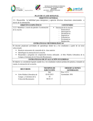 REPUBLICA BOLIVARIANA DE VENEZUELA
L.N. BOLIVARIANO “ALEJANDRO FEBRES”
007914990
LAS VEGAS – RÓMULO GALLEGOS
C O J E D E S
PLAN DE CLASE SEMANAL
OBJETIVO GENERAL
2.2.- Desarrollar la habilidad para interpretar y apreciar diversas situaciones emocionales a
través de la entonación.
OBJETIVO ESPECÍFICO CONTENIDO
2.2.2.- Identificar a través de párrafos la entonación
de la oración.
• Entonación de la oración
- Enunciativas
- Interrogativas
- Desiderativas
- Imperativas
- Exhortativas
- Exclamativas
- Interjección.
ESTRATEGIAS METODOLÓGICAS
El docente propiciará actividades de aprendizaje donde las y los estudiantes a partir de un texto
seleccionado:
• Realicen reencuentro de contenido de la clase anterior
• Identifiquen la entonación de la oración.
• Respondan a preguntas de comprensión lectora utilizando el libro Palabra Liberadora de la
Lengua y Literatura de la Colección Bicentenario.
ESTRATEGIAS DE EVALUACIÓN SUGERIDAS
El objetivo se considerará logrado cuando las y los estudiantes realicen producción práctica, tomando en
cuenta, la entonación de la oración.
RECURSOS
TIEMPOS DE
EJECUCIÓN
OBSERVACIONES
GENERALES
• Libro Palabra Liberadora de
Lengua y Literatura de la
Colección Bicentenario
Del
02-02-2015
Al
06-02-13
Peso :15 %
Acumulado: 50%
 