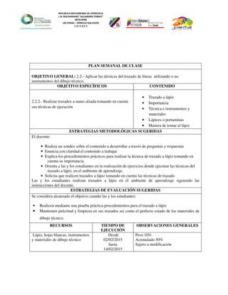 REPUBLICA BOLIVARIANA DE VENEZUELA
L.N. BOLIVARIANO “ALEJANDRO FEBRES”
007914990
LAS VEGAS – RÓMULO GALLEGOS
C O J E D E S
PLAN SEMANAL DE CLASE
OBJETIVO GENERAL: 2.2.- Aplicar las técnicas del trazado de líneas utilizando o no
instrumentos del dibujo técnico.
OBJETIVO ESPECÌFICOS CONTENIDO
2.2.2.- Realizar trazados a mano alzada tomando en cuenta
sus técnicas de ejecución
• Trazado a lápiz
• Importancia
• Técnica e instrumentos y
materiales
• Lápices o portaminas
• Manera de tomar el lápiz
ESTRATEGIAS METODOLÓGICAS SUGERIDAS
El docente:
• Realiza un sondeo sobre el contenido a desarrollar a través de preguntas y respuestas
• Enuncia con claridad el contenido a trabajar
• Explica los procedimientos prácticos para realizar la técnica de trazado a lápiz tomando en
cuenta su importancia.
• Orienta a las y los estudiantes en la realización de ejercicios donde ejecutan las técnicas del
trazado a lápiz. en el ambiente de aprendizaje.
• Solicita que realicen trazados a lápiz tomando en cuenta las técnicas de trazado
Las y los estudiantes realizan trazados a lápiz en el ambiente de aprendizaje siguiendo las
instrucciones del docente.
ESTRATEGIAS DE EVALUACIÓN SUGERIDAS
Se considera alcanzado el objetivo cuando las y los estudiantes:
• Realicen mediante una prueba práctica procedimientos para el trazado a lápiz
• Mantienen pulcritud y limpieza en sus trazados así como el perfecto estado de los materiales de
dibujo técnico.
RECURSOS TIEMPO DE
EJECUCIÓN
OBSERVACIONES GENERALES
Lápiz, hojas blancas, instrumentos
y materiales de dibujo técnico
Desde
02/02/2015
hasta
14/02/2015
Peso 10%
Acumulado 50%
Sujeto a modificación
 