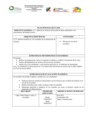 REPUBLICA BOLIVARIANA DE VENEZUELA
L.N. BOLIVARIANO “ALEJANDRO FEBRES”
007914990
LAS VEGAS – RÓMULO GALLEGOS
C O J E D E S
PLAN SEMANAL DE CLASE
OBJETIVO GENERAL: 2.2.- Aplicar las técnicas del trazado de líneas utilizando o no
instrumentos del dibujo técnico.
OBJETIVO ESPECÌFICOS CONTENIDO
2.2.3. realizar trazados de las escuadras en la realización de
trazados • Técnica de uso de las
escuadras
ESTRATEGIAS METODOLÓGICAS SUGERIDAS
El docente:
• Realiza una preparación hacia el contenido a trabajar y establece el propósito de la clase
• Explica detalladamente las técnicas del uso de las escuadras.
• asigna a las y los estudiantes a que realicen ejercicios en el ambiente de aprendizaje
Las y los estudiantes realizan ejercicios con supervisión del docente la técnica que se debe emplear
en el uso de las escuadras.
ESTRATEGIAS DE EVALUACIÓN SUGERIDAS
Se considera alcanzado el objetivo cuando las y los estudiantes:
• Realicen ejercicios prácticos relacionados con las técnicas que se deben de emplear en el
uso de las escuadras
• Realicen producciones orales en pareja sobre el contenido
• Mantienen pulcritud y limpieza en sus trazados así como el perfecto estado de los
materiales de dibujo técnico.
RECURSOS TIEMPO DE
EJECUCIÓN
OBSERVACIONES GENERALES
Lápiz, hojas blancas, regla t y
escuadras Desde
23/02/2015
hasta
28/02/2014
Peso 20%
Acumulado 70%
Sujeto a modificación
 