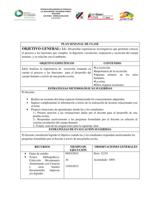 REPUBLICA BOLIVARIANA DE VENEZUELA
L.N. BOLIVARIANO “ALEJANDRO FEBRES”
007914990
LAS VEGAS – RÓMULO GALLEGOS
C O J E D E S
PLAN SEMANAL DE CLASE
OBJETIVO GENERAL: 2.1.- Desarrollar experiencias investigativas que permitan conocer
el proceso y las funciones que cumplen la digestión, circulación, respiración y secreción del cuerpo
humano y su relación con el ambiente.
OBJETIVO ESPECÌFICOS CONTENIDO
2.1.1 Analizar la importancia de excreción, tomando en
cuenta el proceso y las funciones para el desarrollo del
cuerpo humano a través de una prueba escrita.
•La excreción.
•Importancia de la excreción.
•Aparato urinario en los seres
humanos.
•La orina.
•Otros órganos excretores
ESTRATEGIAS METODOLÓGICAS SUGERIDAS
El docente:
• Realiza un recuento del tema expuesto fortaleciendo los conocimientos adquiridos
• Sugiere complementar la información a través de la realización de lecturas relacionadas con
el tema
• Propicia situaciones de aprendizajes donde las y los estudiantes:
1.- Presten atención a las orientaciones dadas por el docente para el desarrollo de una
prueba escrita.
2.- Respondan asertivamente a las preguntas formuladas por el docente en relación al
sistema circulatorio del cuerpo humano
3.-Tomen nota de las asignaciones para la siguiente clase
ESTRATEGIAS DE EVALUACIÓN SUGERIDAS
El docente considerará logrado el objetivo cuando las y los estudiantes respondan asertivamente las
preguntas formuladas por el docente a través de una prueba escrita.
RECURSOS TIEMPO DE
EJECUCIÓN
OBSERVACIONES GENERALES
• Guías de estudio.
• Textos bibliográficos:
Colección Bicentenario
Alimentando con Ciencias
y otras fuentes
documentales impresas
y/o digitales
09/03/2015
Al
13/03/2015
Peso: 12,5%
Acumulado: 100%
 
