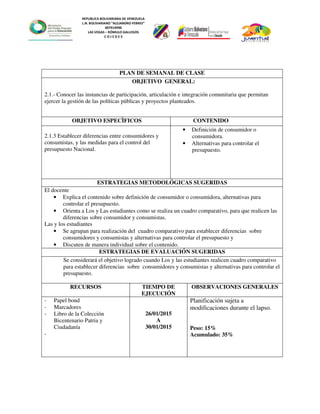 REPUBLICA BOLIVARIANA DE VENEZUELA
L.N. BOLIVARIANO “ALEJANDRO FEBRES”
007914990
LAS VEGAS – RÓMULO GALLEGOS
C O J E D E S
PLAN DE SEMANAL DE CLASE
OBJETIVO GENERAL:
2.1.- Conocer las instancias de participación, articulación e integración comunitaria que permitan
ejercer la gestión de las políticas públicas y proyectos planteados.
OBJETIVO ESPECÌFICOS CONTENIDO
2.1.3 Establecer diferencias entre consumidores y
consumistas, y las medidas para el control del
presupuesto Nacional.
• Definición de consumidor o
consumidora.
• Alternativas para controlar el
presupuesto.
ESTRATEGIAS METODOLÓGICAS SUGERIDAS
El docente
• Explica el contenido sobre definición de consumidor o consumidora, alternativas para
controlar el presupuesto.
• Orienta a Los y Las estudiantes como se realiza un cuadro comparativo, para que realicen las
diferencias sobre consumidor y consumistas.
Las y los estudiantes
• Se agrupan para realización del cuadro comparativo para establecer diferencias sobre
consumidores y consumistas y alternativas para controlar el presupuesto y
• Discuten de manera individual sobre el contenido.
ESTRATEGIAS DE EVALUACIÓN SUGERIDAS
Se considerará el objetivo logrado cuando Los y las estudiantes realicen cuadro comparativo
para establecer diferencias sobre consumidores y consumistas y alternativas para controlar el
presupuesto.
RECURSOS TIEMPO DE
EJECUCIÓN
OBSERVACIONES GENERALES
- Papel bond
- Marcadores
- Libro de la Colección
Bicentenario Patria y
Ciudadanía
-
26/01/2015
A
30/01/2015
Planificación sujeta a
modificaciones durante el lapso.
Peso: 15%
Acumulado: 35%
 