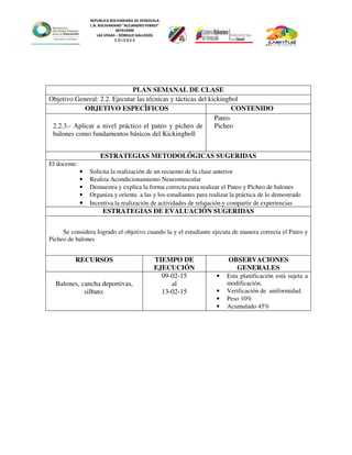 REPUBLICA BOLIVARIANA DE VENEZUELA
L.N. BOLIVARIANO “ALEJANDRO FEBRES”
007914990
LAS VEGAS – RÓMULO GALLEGOS
C O J E D E S
PLAN SEMANAL DE CLASE
Objetivo General: 2.2. Ejecutar las técnicas y tácticas del kickingbol
OBJETIVO ESPECÌFICOS CONTENIDO
2.2.3.- Aplicar a nivel práctico el pateo y picheo de
balones como fundamentos básicos del Kickingboll
Pateo
Picheo
ESTRATEGIAS METODOLÓGICAS SUGERIDAS
El docente:
• Solicita la realización de un recuento de la clase anterior
• Realiza Acondicionamiento Neuromuscular
• Demuestra y explica la forma correcta para realizar el Pateo y Picheo de balones
• Organiza y orienta a las y los estudiantes para realizar la práctica de lo demostrado
• Incentiva la realización de actividades de relajación y compartir de experiencias
ESTRATEGIAS DE EVALUACIÓN SUGERIDAS
Se considera logrado el objetivo cuando la y el estudiante ejecuta de manera correcta el Pateo y
Picheo de balones
RECURSOS TIEMPO DE
EJECUCIÓN
OBSERVACIONES
GENERALES
Balones, cancha deportivas,
silbato.
09-02-15
al
13-02-15
• Esta planificación está sujeta a
modificación.
• Verificación de uniformidad.
• Peso 10%
• Acumulado 45%
 