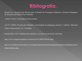 Ronald Feo. Orientaciones Básicas para el Diseño De Estrategias Didácticas. Instituto Pedagógico
de Miranda José Manuel Siso Martínez.
Antonio Alonzo. Estrategias Instruccionales.
AA.VV. (2005), Escuela para Maestros, enciclopedia de pedagogía práctica, 5 edición. Ediciones
Cadiex internacional, S.A. Colombia.
Ronald Mora, 2013. Planificación educativa y niveles de concreción curricular.
http://www.colegioloscampitos.com/proyecto%20de%20Aula.html
http//www.enlaescuelademabel.com/unespacioparalosdocentes/guiaparalaampliaciondelosproyectos
deaprendizajes.php.
 