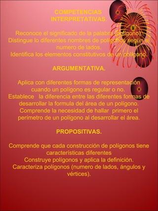 COMPETENCIAS
                INTERPRETATIVAS.

   Reconoce el significado de la palabra (polígono).
Distingue lo diferentes nombres de polígonos según el
                    numero de lados.
 Identifica los elementos constitutivos de un polígono.

                 ARGUMENTATIVA.

   Aplica con diferentes formas de representación
        cuando un polígono es regular o no.
Establece la diferencia entre las diferentes formas de
    desarrollar la formula del área de un polígono.
    Comprende la necesidad de hallar primero el
   perímetro de un polígono al desarrollar el área.

                  PROPOSITIVAS.

Comprende que cada construcción de polígonos tiene
              características diferentes
     Construye polígonos y aplica la definición.
 Caracteriza polígonos (numero de lados, ángulos y
                      vértices).
 