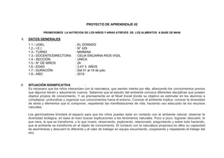 PROYECTO DE APRENDIZAJE 02
PROMOVEMOS LA NUTRICION DE LOS NIÑOS Y NIÑAS ATREVES DE. LOS ALIMENTOS A BASE DE MANI
I. DATOS GENERALES
1.1.- UGEL : EL DORADO
1.2.- I.E.I. : N° 429
1.3.- TURNO : MAÑANA
1.3.- DOCENTE/DIRECTORA : CELIA ENCARNA RIOS VIGIL
1.4.- SECCIÓN : UNICA
1.5.- N° DE NIÑOS : 26
1.6.- EDAD : 3,4Y 5 AÑOS
1.7.- DURACIÓN : Del 01 al 19 de julio
1.8.- AÑO : 2019
II. SITUACIÓN SIGNIFICATIVA :
Es necesario que los niños interactúen con la naturaleza, que sientan interés por ella, afianzando los conocimientos previos
que algunos tienen y adquiriendo nuevos. Sabemos que el estudio del ambiente convoca diferentes disciplinas que poseen
objetos propios de conocimiento. Y es precisamente en el Nivel Inicial donde su objetivo es estimular en los alumnos a
complejizar, profundizar y organizar sus conocimientos hacia el entorno. Conocer el ambiente implica: conocer la diversidad
de seres y elementos que lo componen, respetando las manifestaciones de vida, haciendo uso adecuado de los recursos
naturales.
Los germinadores brindará el espacio para que los niños puedan estar en contacto con el ambiente natural, observar la
diversidad biológica, en base al maní buscar explicaciones a los fenómenos naturales. Poco a poco, lograrán descubrir, lo
que nace, lo que se transforma, y lo que muere, observando, explorando, relacionado, preguntando y sobre todo haciendo,
que el ambiente se transforme en el objeto de conocimiento. El contacto con la naturaleza propiciara en ellos su capacidad
de asombrarse y descubrir lo diferente y el valor de trabajar en equipo escuchando, cooperando y respetando el trabajo del
otro.
 