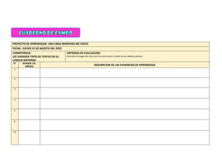 PROYECTO DE APRENDIZAJE: UNA LNDA MARIPOSA ME VISITO
FECHA: JUEVES 31 DE AGOSTO DEL 2023
COMPETENCIA:
LEE DIVERSOS TIPOS DE TEXTOS EN SU
LENGUA MATERNA
CRITERIOS DE EVALUACION:
Describe la imagen de como son los seres vivos a través de sus saberes previos.
N° NOMBRE DEL
NIÑO(A)
DESCRIPCION DE LAS EVIDENCIAS DE APRENDIZAJE
1
2
3
4
5
6
15
 