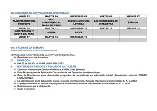 VII. SECUENCIA DE ACTIVIDADES DE APRENDIZAJE:
LUNES 03 MARTES 04 MIERCOLES 05 JUEVES 06 VIERNES 07
PLANIFICACION DEL
PROYECTO
PERÚ
CONOCIENDO EL
MAPA DEL PERU
ESCUCHAMOS UNA
LEYENDA
LAS CUALIDADES DE
MI MAESTRA
FERIADO
LUNES 10 MARTES 11 MIERCOLES 12 JUEVES 13 VIERNES 14
MAR PERUANO Y
COSTA DEL PERÚ
SIERRA SELVA
LUNES 17 MARTES 18 MIERCOLES 19
VIII. VALOR DE LA SEMANA:
Solidaridad planetaria y equidad intergeneracional
ACTIVIDADES PLANIFICADAS DE LA INSTITUCIÓN EDUCATIVA:
Reuniones con los docentes.
IX. DURACIÓN:
Del 03 de JULIO al 19 DE JULIO DEL 2023.
X. MATERIALES BASICOS Y RECURSOS A UTILIZAR
Currículo Nacional de Educación Básica, CNEB, 2019 (Minedu)
Guía Docente para la Aplicación Curricular de los Proyectos de Aprendizaje.
Guía de Orientación para desarrollar proyectos de aprendizaje en educación inicial, Asociación, editorial CUBAS
LOZANO 2023.
La planificación en la Educación Inicial. Guía de orientaciones, Amauta Impresiones Comerciales S. A. C. 2022
El juego simbólico en la hora del juego libre de sectores, Amauta Impresiones Comerciales S. A. C. 2022
Orientaciones para el docente.
Guías o Recursos
 