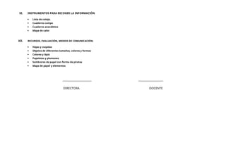 XI. INSTRUMENTOS PARA RECOGER LA INFORMACIÓN
 Lista de cotejo.
 Cuaderno campo
 Cuaderno anecdótico
 Mapa de calor
XII. RECURSOS, EVALUACIÓN, MEDIOS DE COMUNICACIÓN:
 Hojas y crayolas
 Objetos de diferentes tamaños, colores y formas
 Colores y lápiz
 Papelotes y plumones
 Sombreros de papel con forma de piratas
 Mapa de papel y elementos
______________________ ___________________
DIRECTORA DOCENTE
 