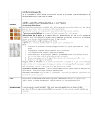 PROPÓSITO Y ORGANIZACIÓN:
Se les comunica a los niños y niñas el propósito de la actividad de aprendizaje: El día de hoy conocemos la
variedad de semillas y el cómo nacen las plantas
Desarrollo
GESTIÓN Y ACOMPAÑAMIENTO DEL DESARROLLO DE COMPETENCIAS:
Planteamiento del problema:
Después de haber escuchado y socializado sobre la historia narrada, Les cuestionaré qué creen que vaya a
pasar con las semillas, si el clima tenía determinadas características.
Se socializarán sus ideas para conocer qué es lo que piensan sobre esta situación planteada
Planteamiento de las hipótesis: Se registrarán las hipótesis que las niñas y niños expresen.
Elaboración del plan de acción: Se les presenta diferentes tipos de semillas para que los niños observen y
manipulen, luego elijan cuál de ellos van a sembrar, en seguida se les indica que sembraremos semillas para
conocer cómo nace una planta a través del proceso de la germinación.
Niños y niñas realizan el sembrado de su semilla elegida
material: vaso o recipiente, algodón, un poco de agua, la semilla que eligió el niño.
Pasos:
1. En el fondo del recipiente que hayamos elegido colocamos una capa de algodón de unos 2 cm de
grosor.
2. Humedecemos el algodón. Bien humedecido, pero no encharcado.
3. Colocamos las semillas sobre esa capa inferior de algodón.
4. Apretamos un poco las semillas hacia el algodón, para asegurarnos que tienen un buen contacto
con este, con lo que recibirán la humedad necesaria para brotar.
5. Colocamos otra capa superior de algodón humedecida, cubriendo nuestras semillas, y listo.
6. Colocaremos el recipiente cerca de luz.
Recojo y análisis de resultados: Se les indica que realizaremos un registro de lo que hemos sembrado
nuestra semilla. Se les entrega papeles donde pueden registrar con dibujos o grafías de acuerdo a la edad de
cada niño, también anotaran el número del día en que hicieron su germinador.
Estructuración del saber construido: En grupo, revisamos algunos textos que nos hablen de la germinación
de las semillas y reforzamos las ideas que tienen acerca del tema.
Evaluación y comunicación: Todos los niños en asamblea dan a conocer lo que registraron, comparamos con
las hipótesis y dan su conclusión.
Cierre Preguntamos: ¿Que hicimos el día de hoy? ¿Les gusto lo que hicimos? ¿Saben que es la germinación?
¿alguna vez han escuchado acerca de esto? ¿Qué necesitamos para que se de este proceso?
Retroalimentació
n
Preguntamos: ¿Les gusto la actividad? ¿Qué fue lo que más les gustó ¿Cómo se sintieron? ¿Qué
aprendieron? ¿Tuvieron alguna dificultad? ¿Cómo lo superaron? En casa comentan sobre la actividad que
realizaron.
 