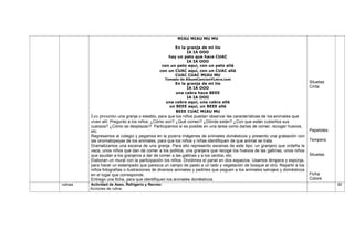 MIAU MIAU MU MU
En la granja de mi tio
IA IA OOO
hay un pato que hace CUAC
IA IA OOO
con un pato aquí, con un pato allá
con un CUAC aquí, con un CUAC allá
CUAC CUAC MIAU MU
Tomado de AlbumCancionYLetra.com
En la granja de mi tio
IA IA OOO
una cabra hace BEEE
IA IA OOO
una cabra aquí, una cabra allá
un BEEE aquí, un BEEE allá
BEEE CUAC MIAU MU
Les presento una granja o establo, para que los niños puedan observar las características de los animales que
viven allí. Pregunto a los niños: ¿Cómo son? ¿Qué comen? ¿Dónde están? ¿Con que están cubiertos sus
cuerpos? ¿Cómo se desplazan?. Participamos si es posible en una tarea como darles de comer, recoger huevos,
etc.
Regresamos al colegio y pegamos en la pizarra imágenes de animales domésticos y presento una grabación con
las onomatopeyas de los animales, para que los niños y niñas identifiquen de que animal se trata.
Dramatizamos una escena de una granja. Para ello represento escenas de este tipo: un granjero que ordeña la
vaca, unos niños que dan de comer a los pollitos, una granjera que recoge los huevos de las gallinas, unos niños
que ayudan a los granjeros a dar de comer a las gallinas y a los cerdos, etc.
Elaboran un mural con la participación los niños. Dividimos el panel en dos espacios. Usamos témpera y esponja,
para hacer un estampado que parezca un campo de pasto a un lado y vegetación de bosque al otro. Repartir a los
niños fotografías o ilustraciones de diversos animales y pedirles que peguen a los animales salvajes y domésticos
en el lugar que corresponde.
Entrego una ficha, para que identifiquen los animales domésticos.
Siluetas
Cinta
Papelotes
Tempera
Siluetas
Ficha
Colore
rutinas Actividad de Aseo, Refrigerio y Recreo:
Acciones de rutina.
60
 