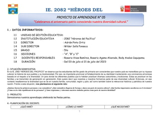 1
1.- DATOS INFORMATIVOS:
1.1 UNIDAD DE GESTIÓN EDUCATIVA:
1.2 INSTITUCIÓN EDUCATIVA : 2082 “Hérores del Pacífico”
1.3 DIRECTOR : Adrián Pinto Ortiz
1.4 SUB DIRECTOR : Wilder Solís Fonseca
1.5 GRADO : 5to
1.6 SECCIONES : “A”, “B” y “C”
1.7 DOCENTES RESPONSABLES : Rosario Vives Ramírez, Rosario Agama Alvarado, Rody Avalos Caquipoma.
1.8 DURACIÓN : Del 03 de julio al 21 de julio del 2023
2.- SITUACIÓN SIGNIFICATIVA:
En la IE. 2082 “HEROES DEL PACIFICO” se observa que los estudiantes del 5to grado de primaria son conscientes que nuestro país es maravilloso por su riqueza
cultural, la historia de sus pueblos y su biodiversidad. Por eso, es importante promover el fortalecimiento de su identidad manteniendo una convivencia armoniosa
basada en el respeto a la diversidad. Un país donde los diferentes pueblos que lo habitan practican diversas costumbres y tradiciones. Estas se practican en las
familias y se transmiten de generación en generación. Esto quiere decir que nosotras y nosotros formamos parte de esa diversidad cultural. Entonces, en ese
contexto resaltaremos la diversidad que se da en nuestra familia, comunidad, región y país; así́ como también sobre la relevancia histórica y patriótica de nuestra
nación. Frente a esta situación, nos planteamos el siguiente reto:
¿Quiénes fueron los primeros peruanos y sus costumbres? ¿Qué costumbres llegaron de Europa y ahora son parte de nuestra cultura? ¿Qué hechos importantes sucedieron en el virreinato?
¿Cómo era la vida republicana de los peruanos? ¿Cómo respetamos y valoramos nuestros símbolos patrios como parte de nuestra identidad?
3.- PRODUCTO:
Demostramos nuestros aprendizajes celebrando las fiestas patrias.
4.- PLANIFICACIÓN DEL DOCENTE:
¿QUÉ HARÉ? ¿CÓMO LO HARÉ? ¿QUÉ NECESITARÉ?
IE. 2082 “HÉROES DEL
PACÍFICO"
PROYECTO DE APRENDIZAJE N° 05
“Celebramos el aniversario patrio conociendo nuestra diversidad cultural.”
”
 