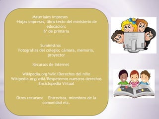 Materiales impresos
  -Hojas impresas, libro texto del ministerio de
                   educación:
                 6º de primaria


               Suministros
   Fotografías del colegio; cámara, memoria,
                    proyector

           Recursos de Internet

      Wikipedia.org/wiki/Derechos del niño
Wikipedia.org/wiki/Respetemos nuestros derechos
              Enciclopedia Virtual


  Otros recursos: Entrevista, miembros de la
                comunidad etc.
 